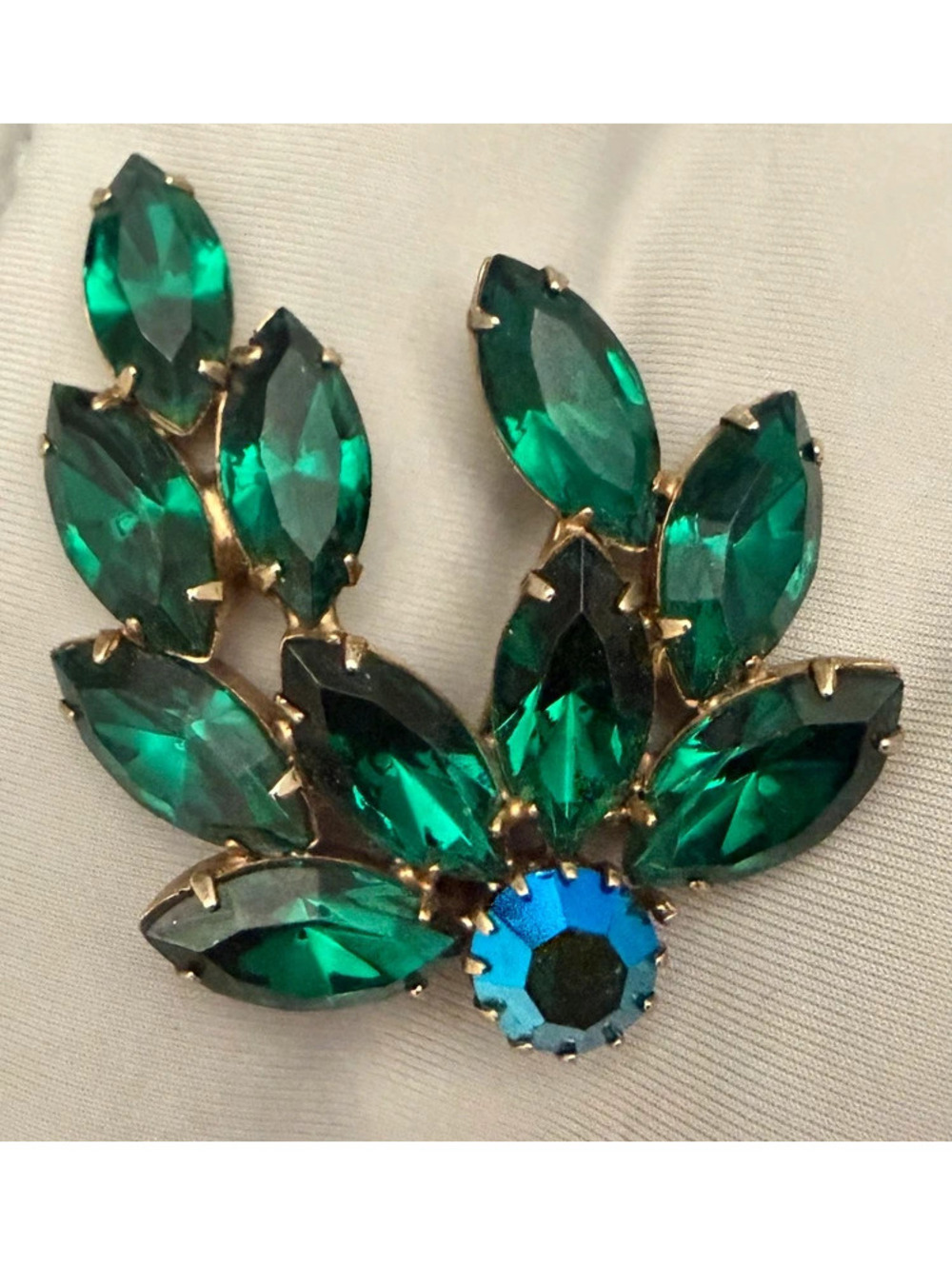 Vintage Emerald Green, Aurora Borealis Navette Crystal Brooch